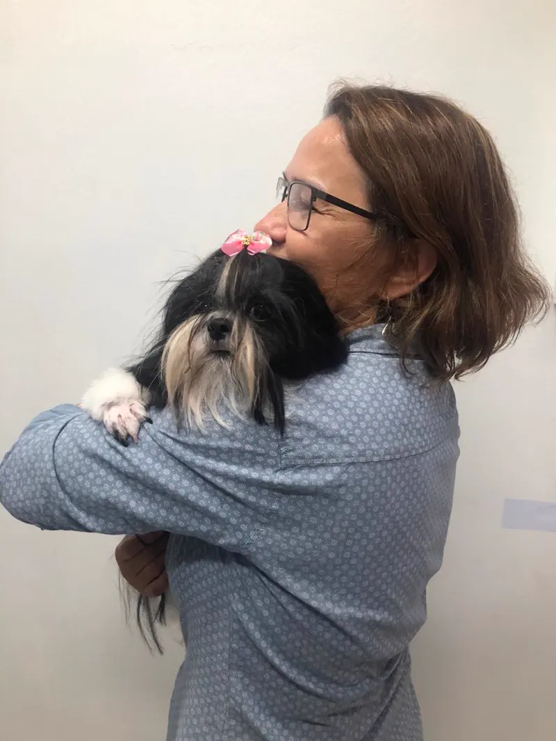 Mulher abraçando um shih-tzu de laço rosa na clínica