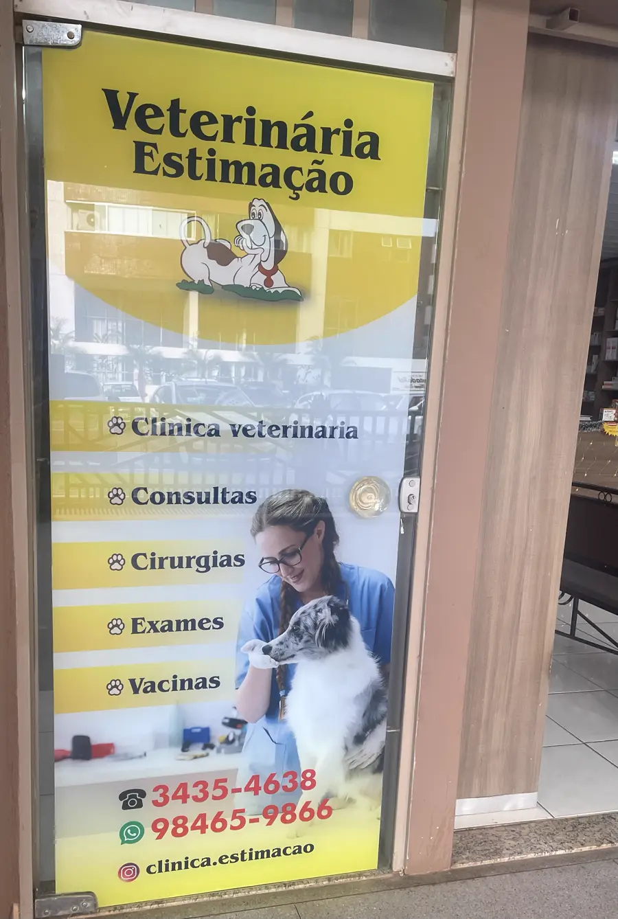 Porta da clínica com a lista: clínica veterinária, consultas, cirurgias, exames e vacinas